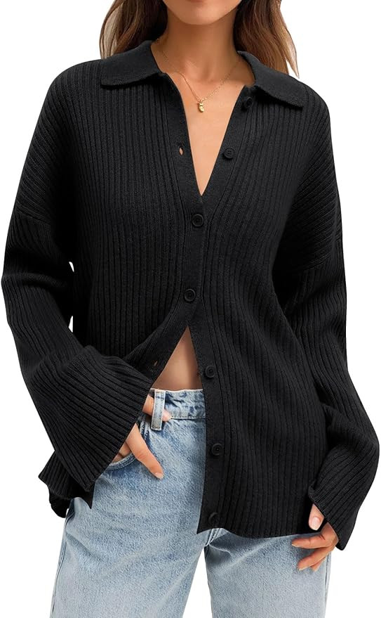LILLUSORY Women's Cardigan 2023 Long Sleeve Button Down Sweater Shirts Lightweight Collared Loose... | Amazon (US)