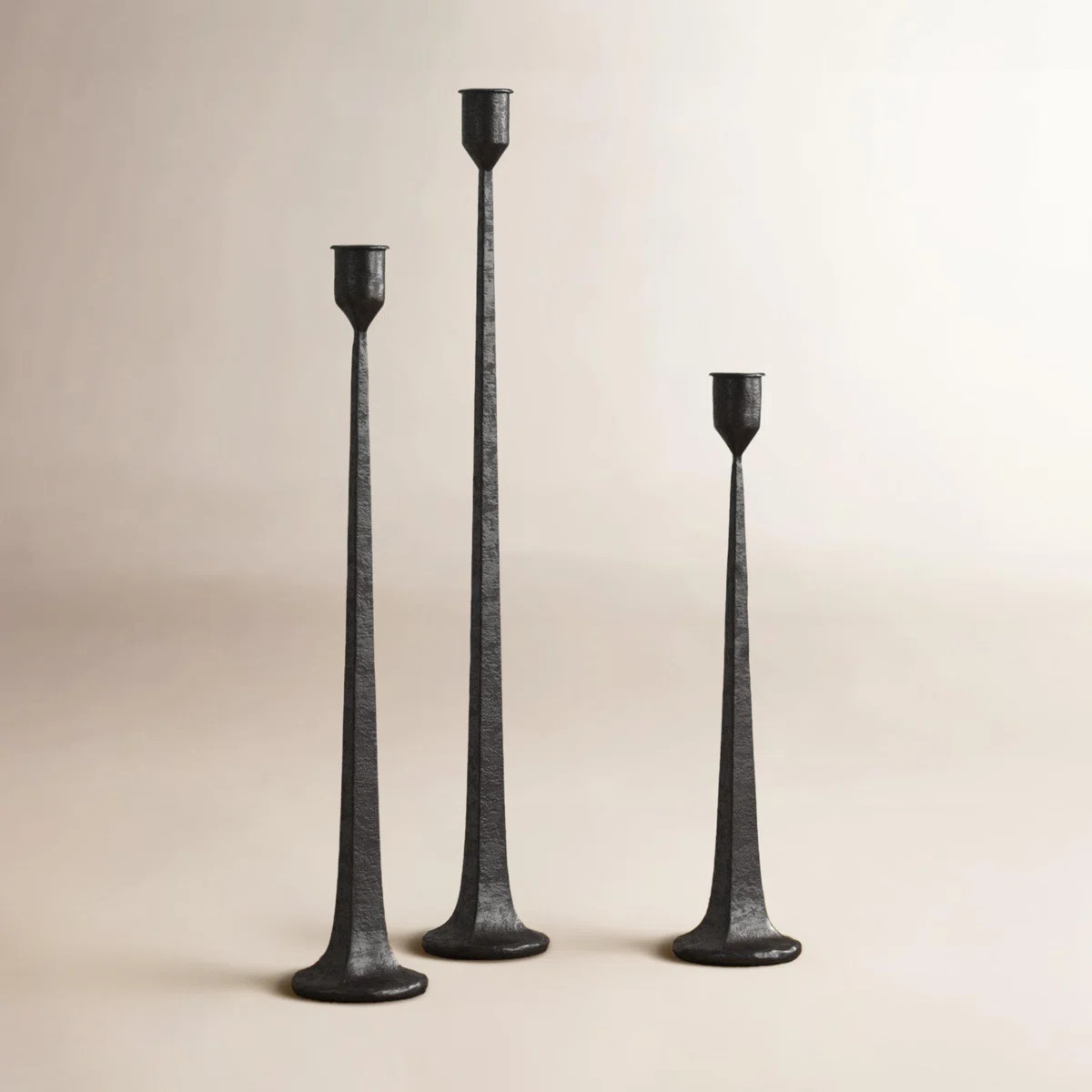 Set of Three Taper Candle Holders, Cast Iron Rustic Farmhouse Table Decor, Black Finish | Wayfair North America