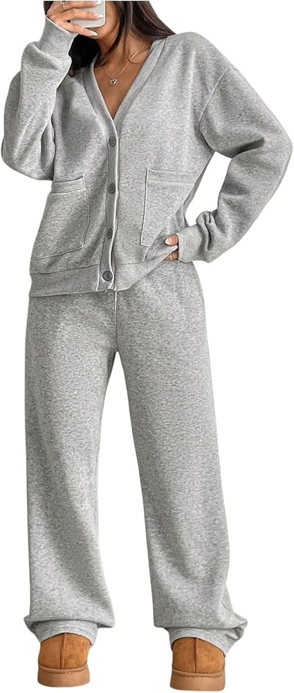 MakeMeChic Women's 2 Piece Set Button Down Cardigan Wide Leg Pants Lounge Sets Sweatsuit | Amazon (US)