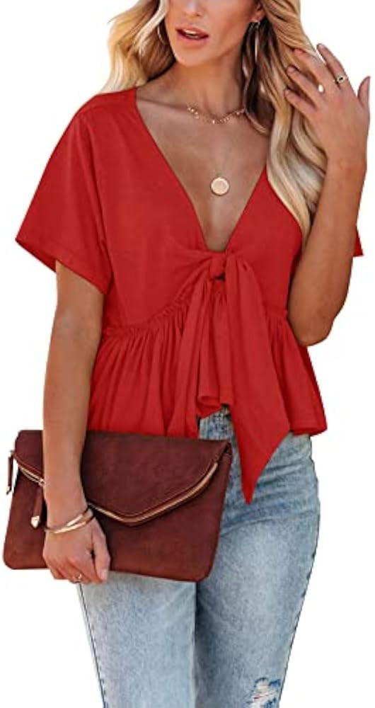 Fanway&EC Women's Short Sleeve V Neck Blouses Ruffle Hem Tie Front Crop Tops Lightweight Basic Su... | Amazon (US)