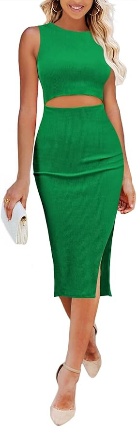 Pink Queen Women's Dresses Crew Neck Sleeveless Cutout Side Slit Bodycon Midi Party Dress | Amazon (US)