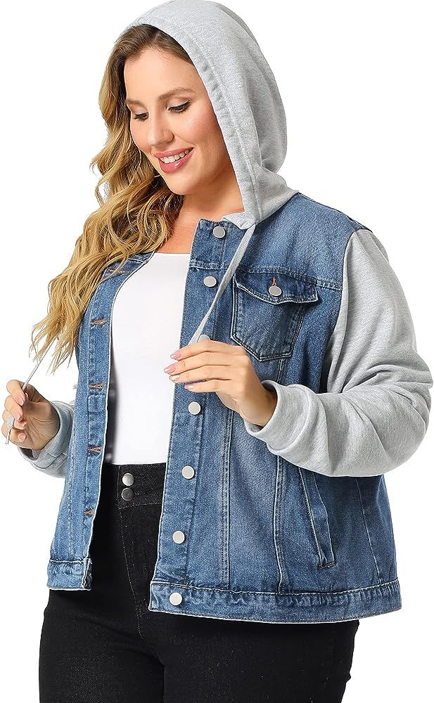 Plus Size Women's Layered Drawstring Hood Denim Utility Jean Jacket W Pockets | Amazon (US)