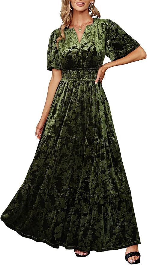 Amegoya Women's Velvet Short Sleeve V Neck Formal Wedding Guest Maxi Dresses Fall Evening Party L... | Amazon (US)