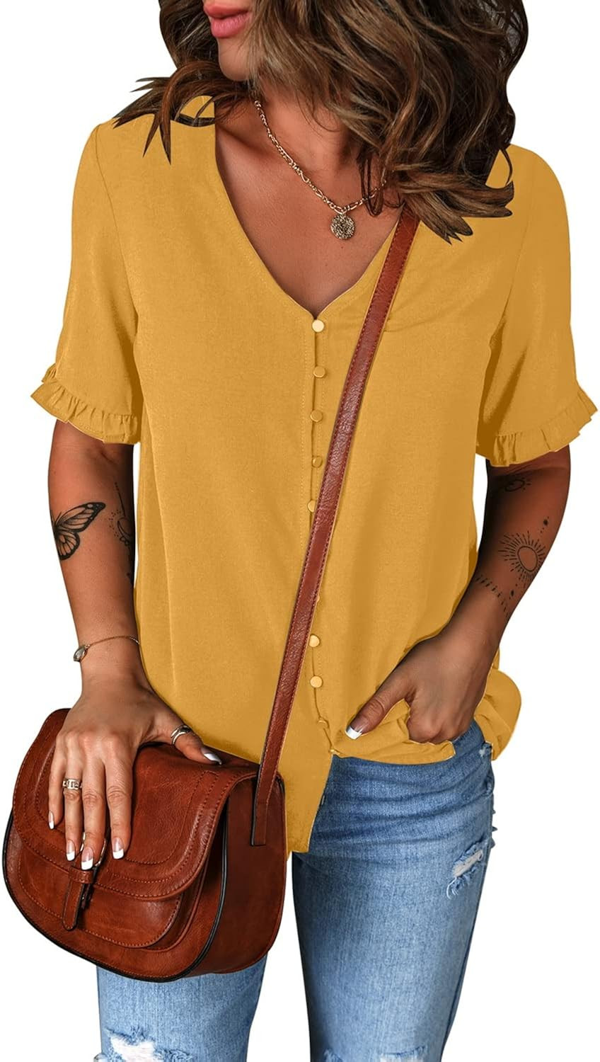 LookbookStore Women‘s Casual Button Down Blouse Summer Tops Short Sleeve Shirts | Amazon (US)