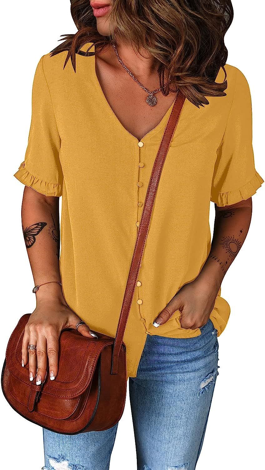 LookbookStore Women‘s Casual Button Down Blouse Summer Tops Short Sleeve Shirts | Amazon (US)