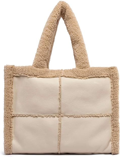 Like Dreams Large Sherpa Tote Bag, Inner Pocket Vegan Leather, Large Tote Hand bags for Women, Fa... | Amazon (US)