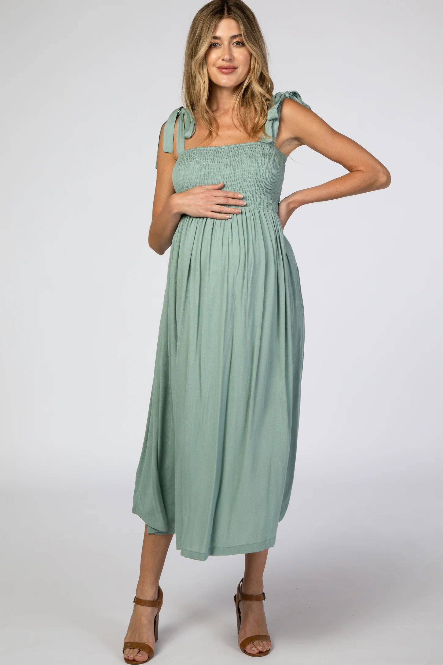 Mint Green Smocked Tie Strap Maternity Midi Dress | PinkBlush Maternity