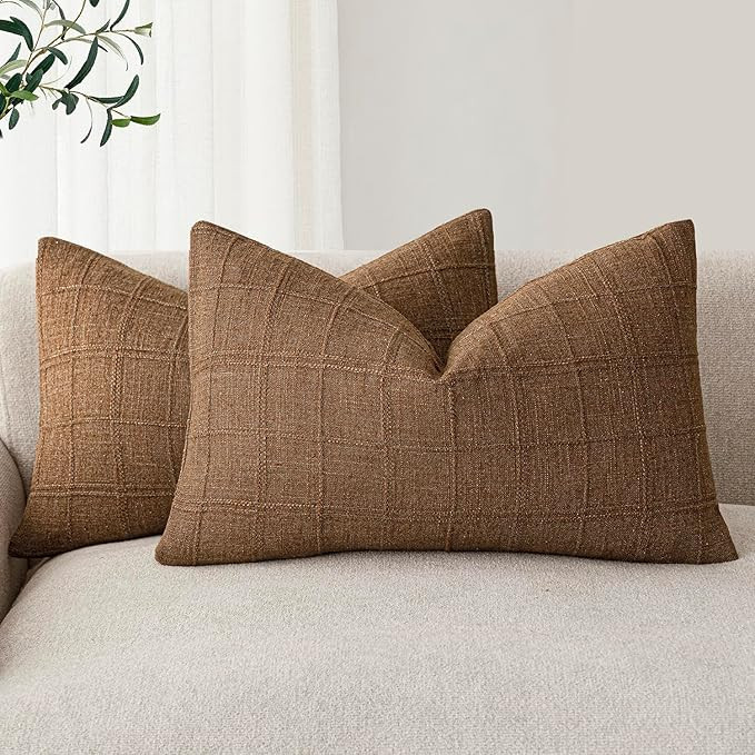 Foindtower Set of 2 Decorative Linen Check Throw Pillow Covers Neutral Farmhouse Lumbar Cushion C... | Amazon (US)