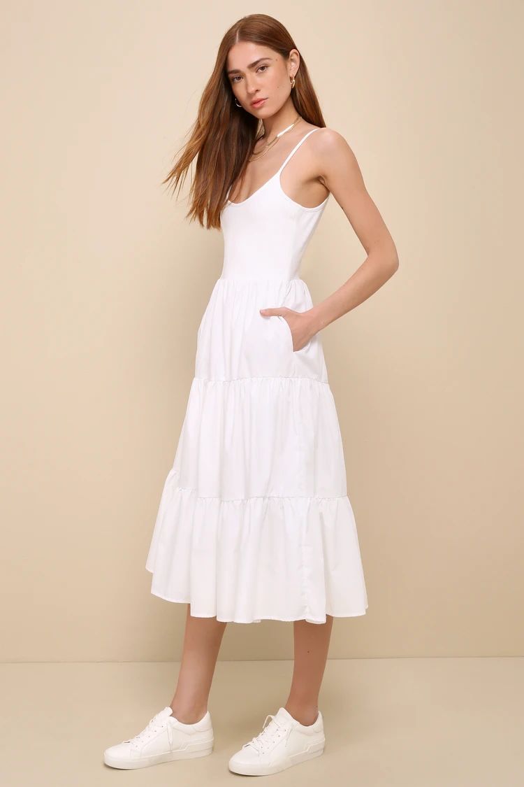 Lovable Cutie White Sleeveless Tiered Midi Dress With Pockets | Lulus