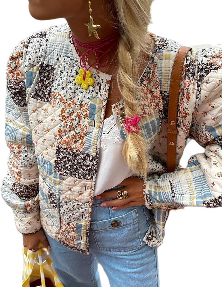 Faretumiya Women Open Front Puffer Jacket Vinatge Floral Crop Quilted Cardigan Y2k Patchwork Padd... | Amazon (US)