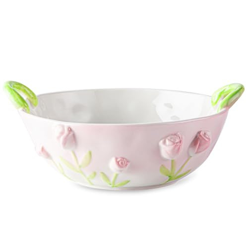 MerryDine Handmade Ceramic Floral Fruit Bowl with Handles, 3D Hand-Painted Rose Flower Design Serving Dish, Decorative Bowls for Home Decor, Soup, Pasta, Cereal, Salad & Snacks, 24 oz | Amazon (US)
