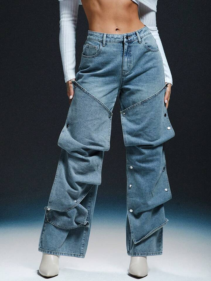 Denimoi Fashion Adjustable Snap Button Baggy Jeans | SHEIN