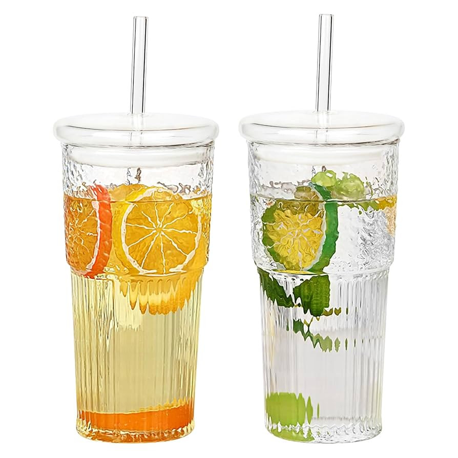 GOSCHE Glass Cups with Lids and Straws, 20oz Glass Cups Drinking Jar, Clear Iced Coffee Cups, Vin... | Amazon (US)