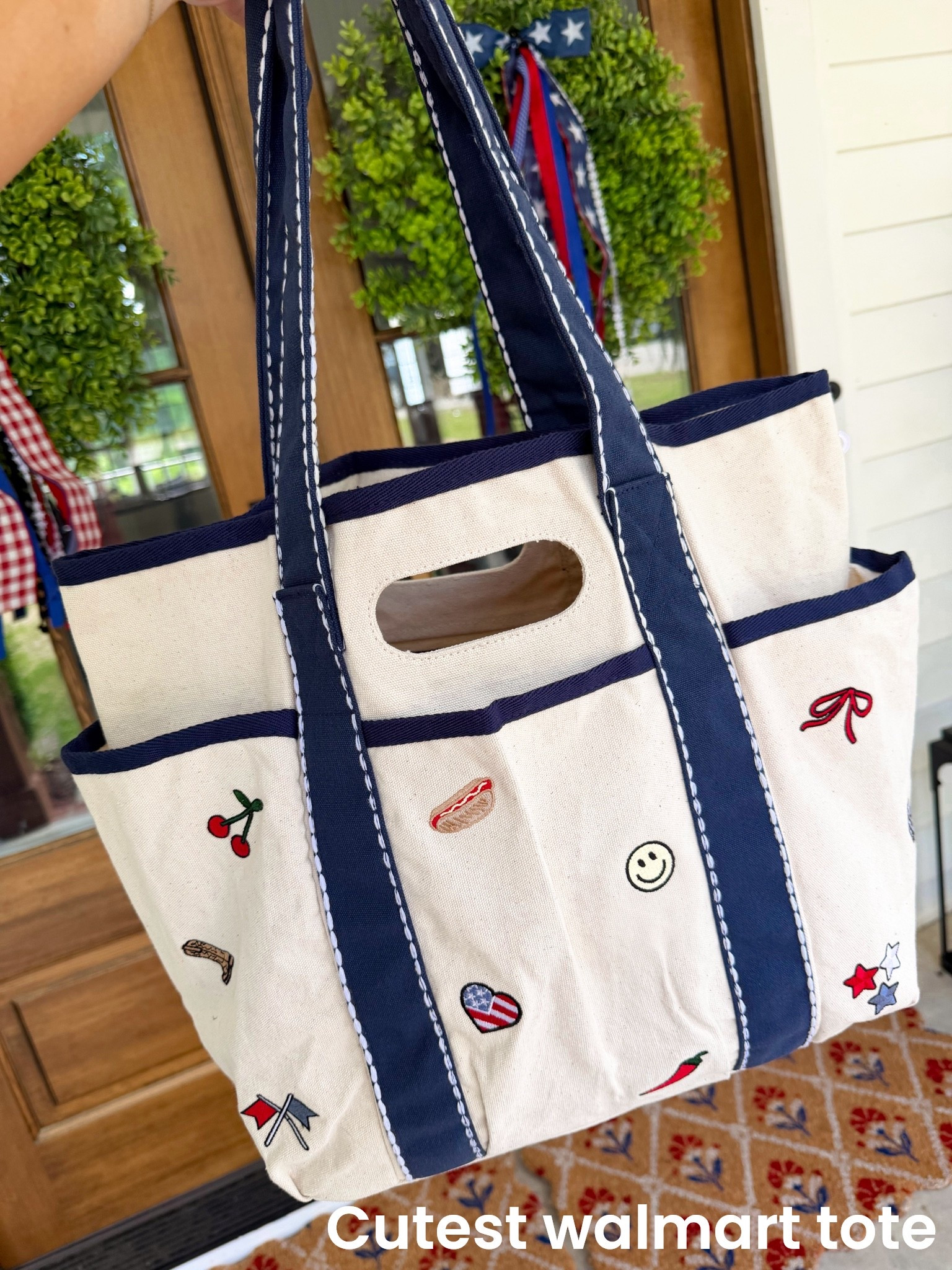 This patriotic tote may be one of my favorite Walmart finds yet! ❤️🤍💙 The embroidered details, navy trim, and roomy design make it perfect for summer adventures, beach days, pool trips, farmers markets, and all the upcoming holiday festivities.

It’s functional, adorable, and adds the perfect Americana touch to any outfit. I have a feeling this one is going to be a sellout! 🇺🇸✨

#WalmartFinds #WalmartFashion #PatrioticStyle #AmericanaStyle #SummerAccessories #BeachBag #ToteBag #FourthOfJulyStyle #RedWhiteAndBlue #SummerMustHaves #AffordableFashion #WalmartNewArrivals #PatrioticDecor #VacationEssentials #SummerFashionFinds

#LTKmomlife #LTKSeasonal #LTKSwim