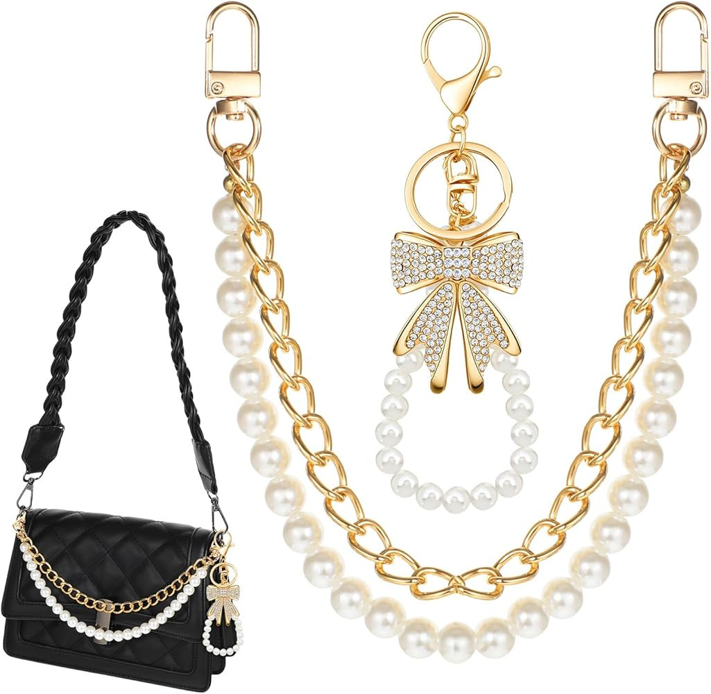2 Pcs Pearl Purse Chain Gold Bag Charms with White Bow Rhinestone Keychain Purses Keychain for Ha... | Amazon (US)