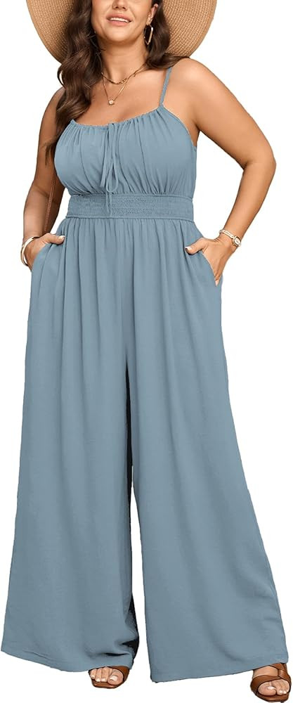 SCOMCHIC Women's Plus Size Jumpsuit Sleeveless Spaghetti Strap Womens Jumpsuits One Piece Wide Le... | Amazon (US)