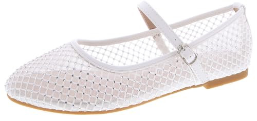 TruFox Women's Mesh Ballet Rhinestone Flats Buckle Strap Comfortable Ballerina Shoes Rhinestone Flats - White, 8.5 | Amazon (US)
