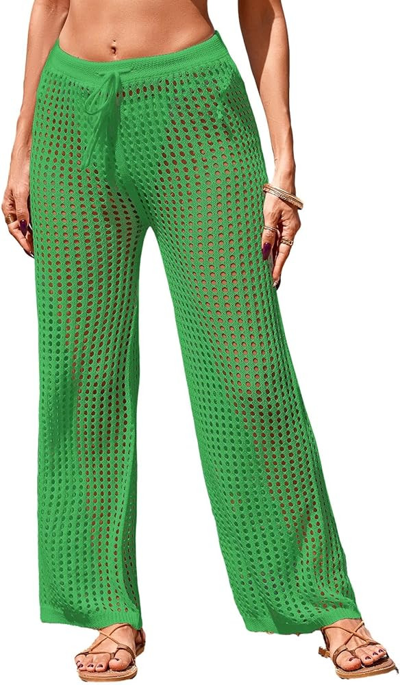 Womens Beach Cover Up Pants 2026 Drawstring Elastic High Waist Crochet Mesh Knit Bathing Suit Swi... | Amazon (US)