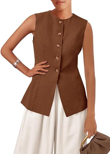 KIRUNDO Blazer Vest for Women Trendy 2025 Dressy Business Casual Summer Button Down Sleeveless Work Suit Waistcoat Tops(Brown, Medium) | Amazon (US)