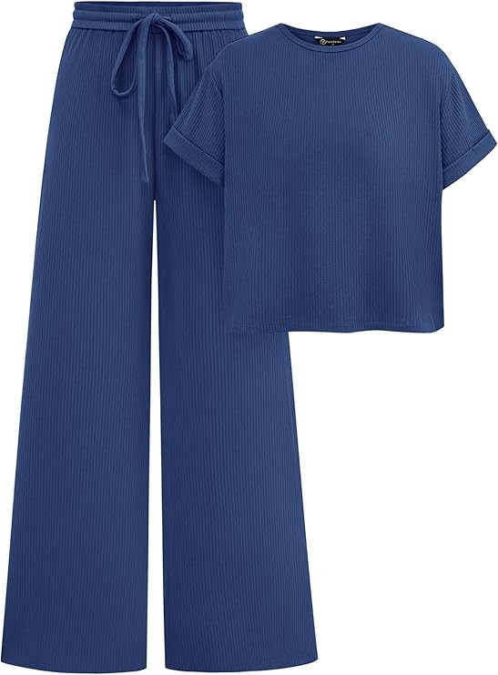 PRETTYGARDEN Women's Summer 2 Piece Knit Loungewear Short Sleeve T Shirts Wide Leg Pants Tracksui... | Amazon (US)