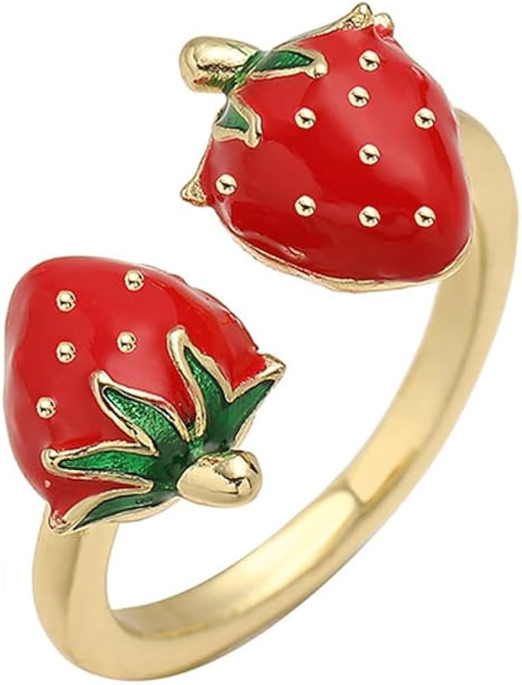 Amazon.com: Double Strawberry Adjustable Open Ring for Women Cute 14k Gold Plated Red Fruit Color... | Amazon (US)