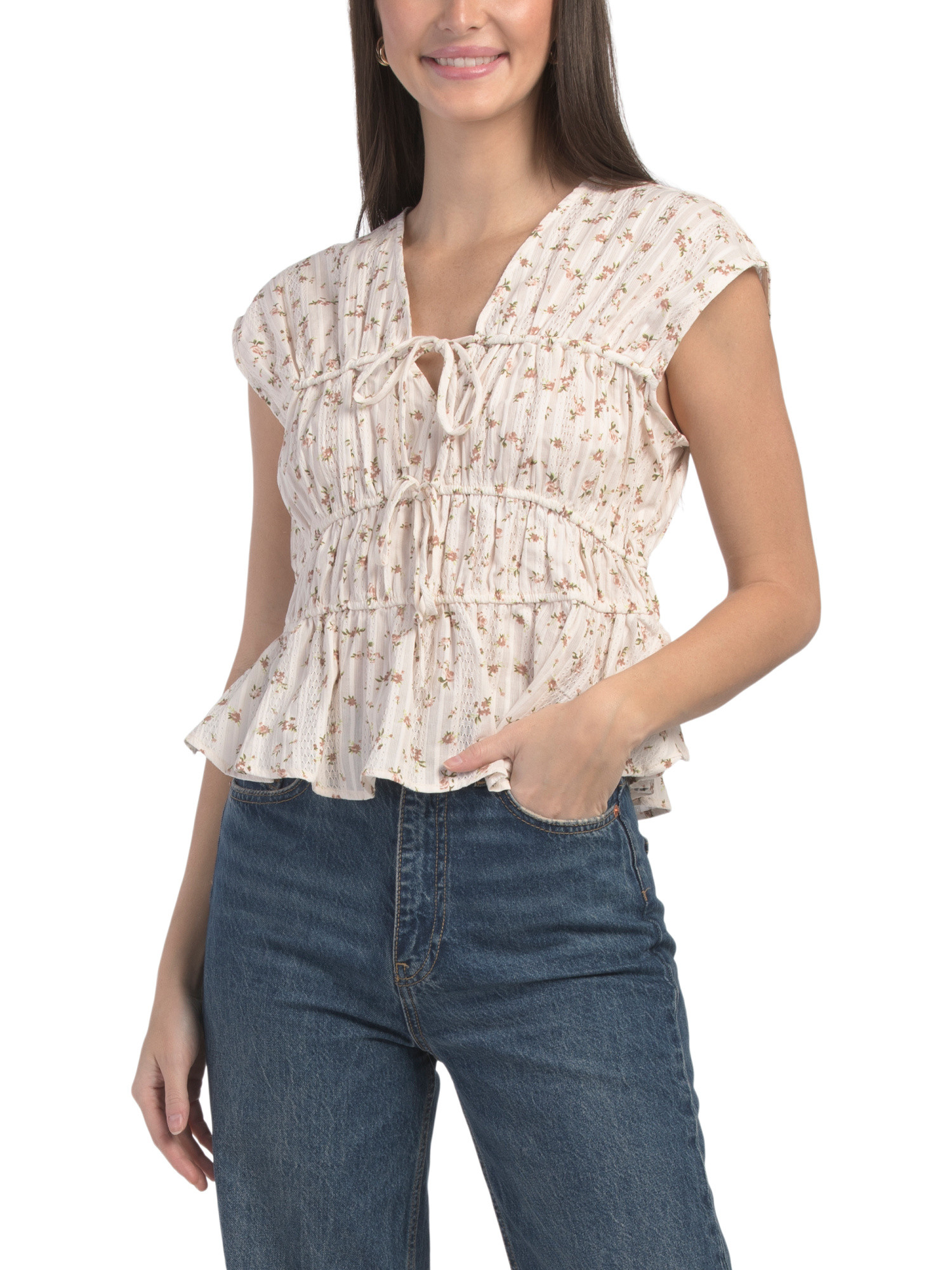 ELLEN TRACY
							
							Shirred Ditsy Top With Front Ties
						
						
							

	
		
						
	... | Marshalls