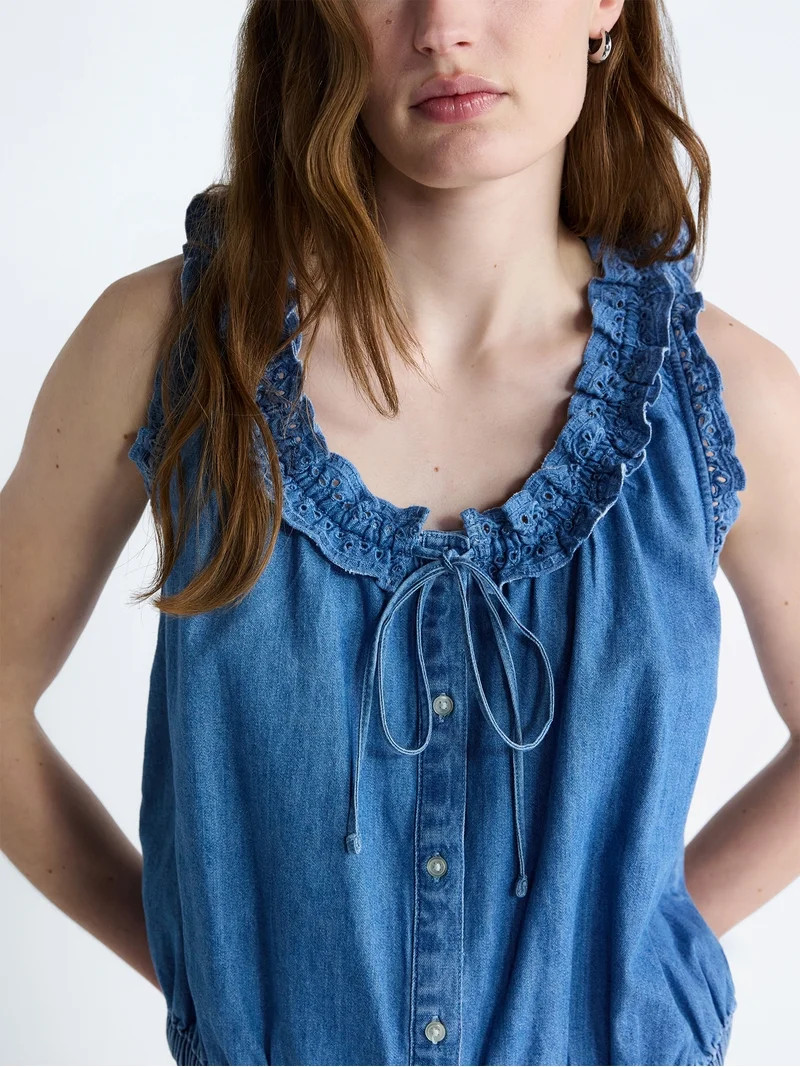 Free Assembly Eyelet Ruffle Sleeveless Chambray Top, Sizes XS-XL | Walmart (US)