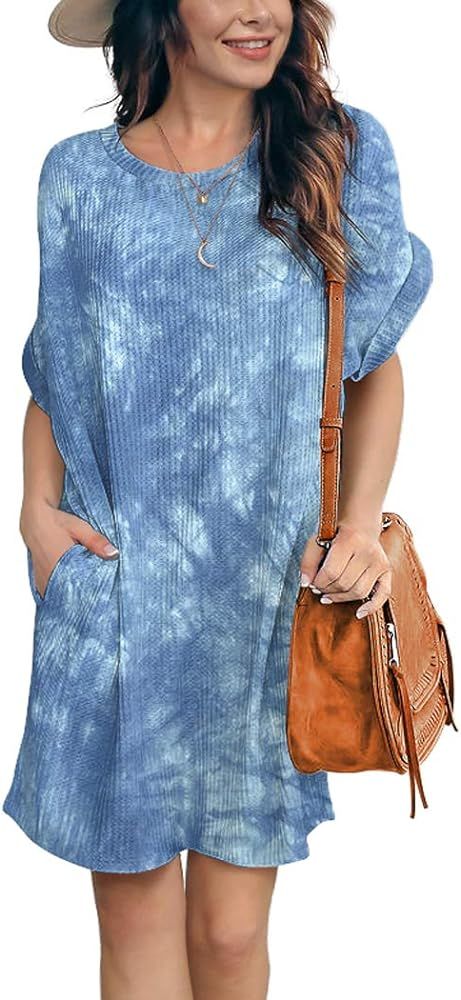 IWOLLENCE Women Waffle Knit Tunic Dress Casual Summer Short Sleeve Loose Dresses Cover Up Beach D... | Amazon (US)