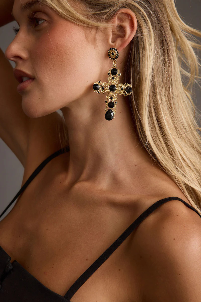 Arabella Gold and Black Statement Cross Earrings | 12th Tribe