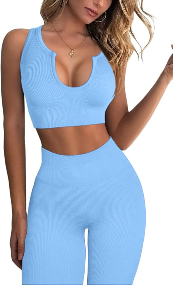 FAFOFA Workout Outfits for Women 2 Piece Ribbed Seamless Crop Tank High Waist Yoga Leggings Sets | Amazon (US)