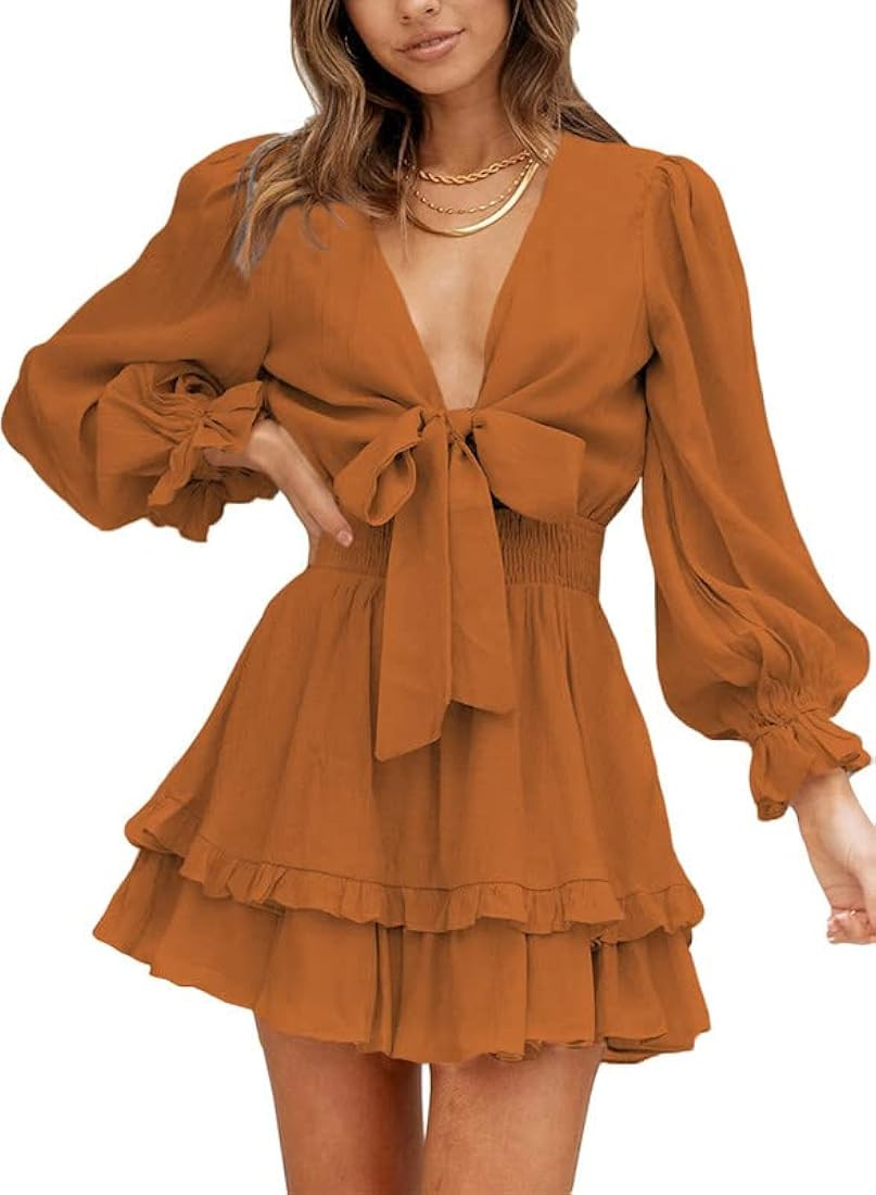 Womens 2023 Summer Deep V Neck Knotted Tiered Chiffon Elegant Mini Short Swing Skater Dresses | Amazon (US)