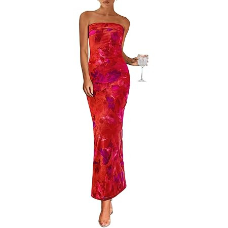PRETTYGARDEN Women's Summer Wedding Guest Dress Strapless Tube Top Maxi Bodycon Long Floral Mesh ... | Amazon (US)