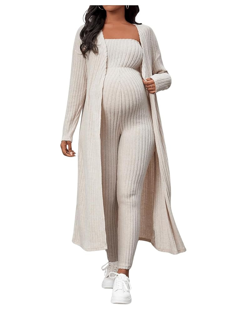 Women's Maternity Ribbed 2 Piece Outfit Strapless Skinny Leg Jumpsuit and Long Sleeve Cardigan Se... | Amazon (US)
