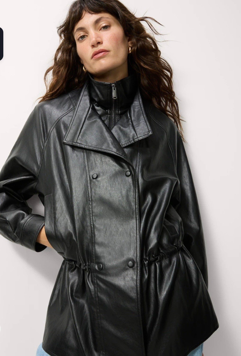 Funnel neck faux leather jacket with cinch in waist is SO good