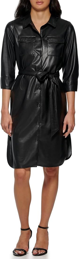 Calvin Klein Women's Modern Edgy Faux Leather Belted Dress | Amazon (US)