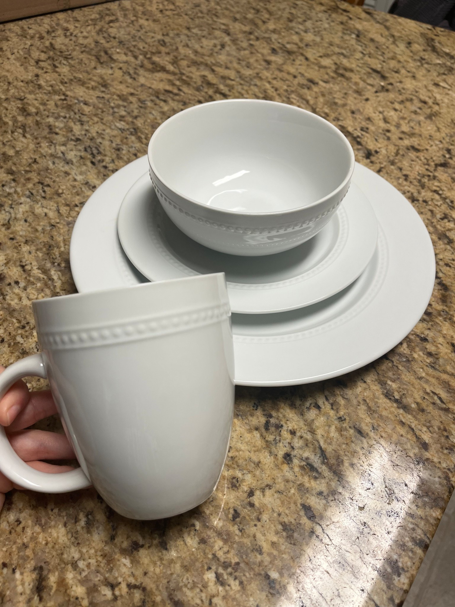 Porcelain beaded dish set. 4 dinner plates, 4 salad plates, 4 soup bowls, 4 mugs. 

#LTKFindsUnder100 #LTKGiftGuide #LTKHome
