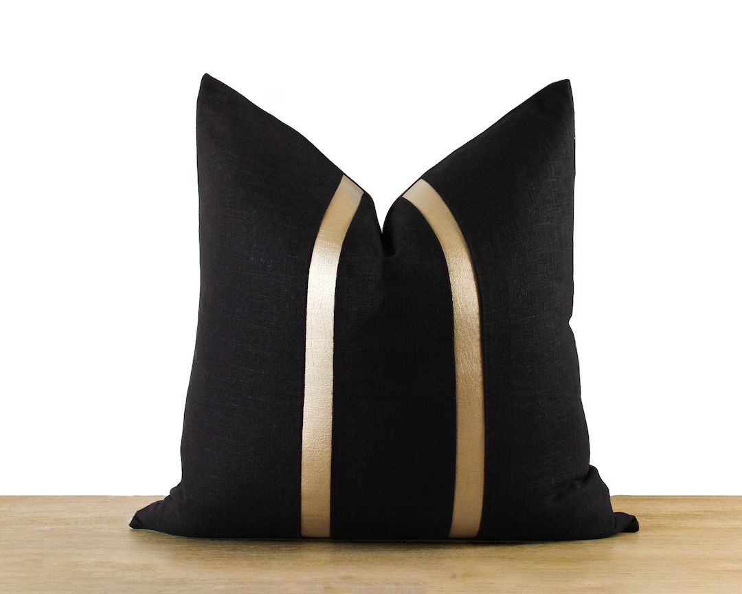 Black Linen Pillow Cover with Gold Faux Leather Stripes |  Black & Gold Decor | Glam Decor ||| Sq... | Etsy (US)