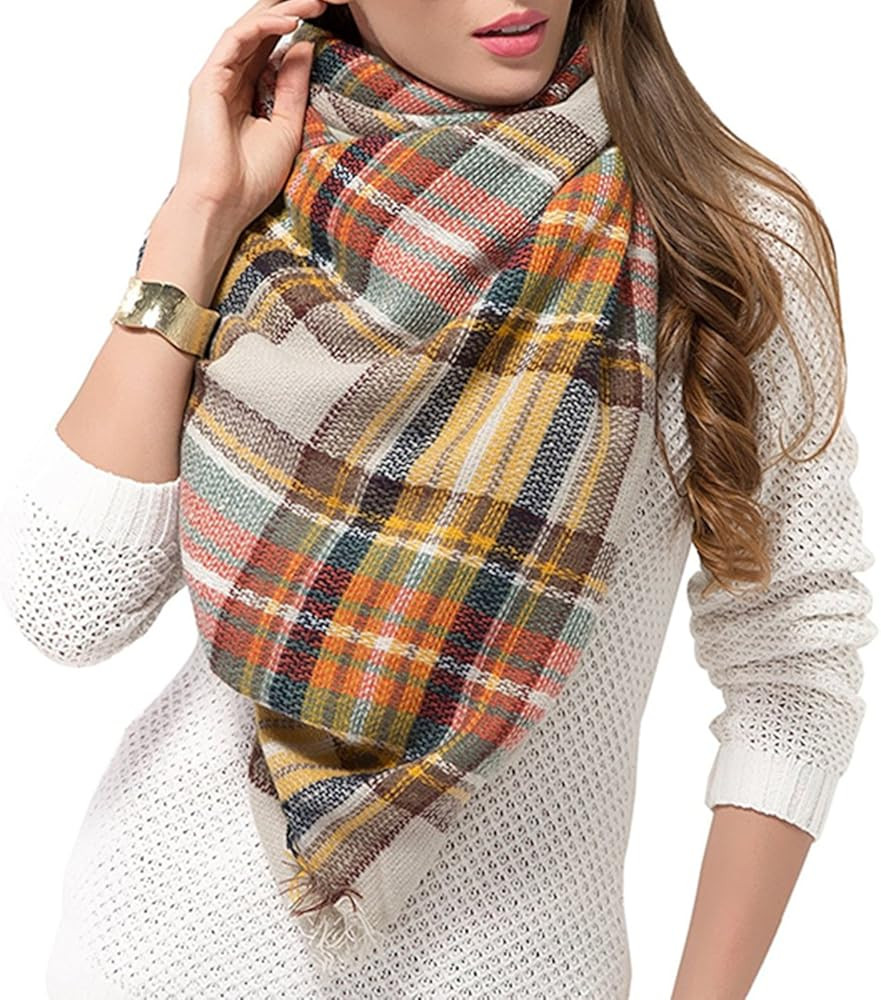 Yanekop Womens Plaid Blanket Scarf Big Square Scarves Warm Tartan Checked Shawl | Amazon (US)