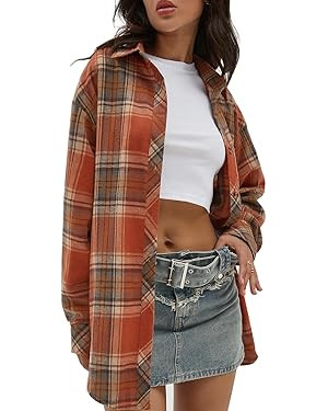 CHYRII Womens Button Down Flannel Shirts Long Sleeve Plaid Shackets Business Casual Blouse Top | Amazon (US)