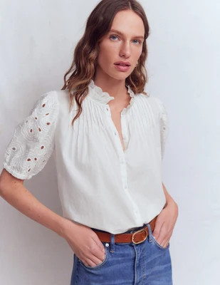 Boden Women's Cutwork Puff Sleeve Top in White | Size 0 | Boden (US)