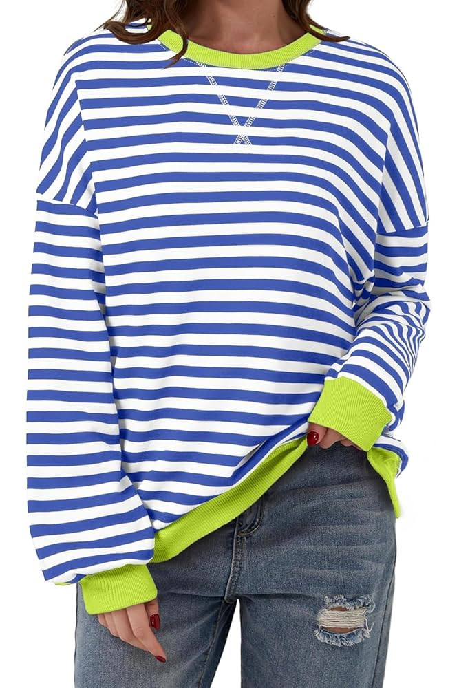 AlvaQ Womens Oversized Sweatshirt 2024 Casual Crewneck Long Sleeve Colorblock Striped Pullover Tu... | Amazon (US)