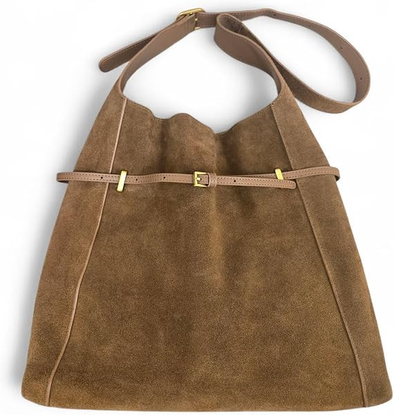 Luxury Suede Hobo Shoulder Bag, Warm Brown,Genuine Suede with Gold Hardware, Adjustable Strap, In... | Amazon (US)