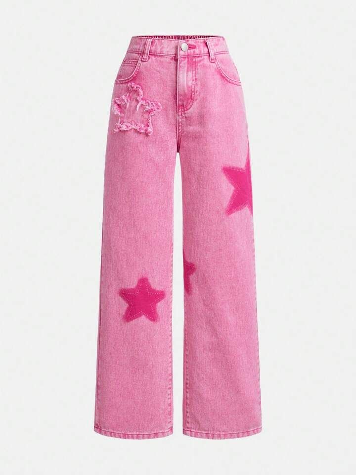 SHEIN Tween Girls Cute Star Print Washed Denim Straight Leg Jeans | SHEIN