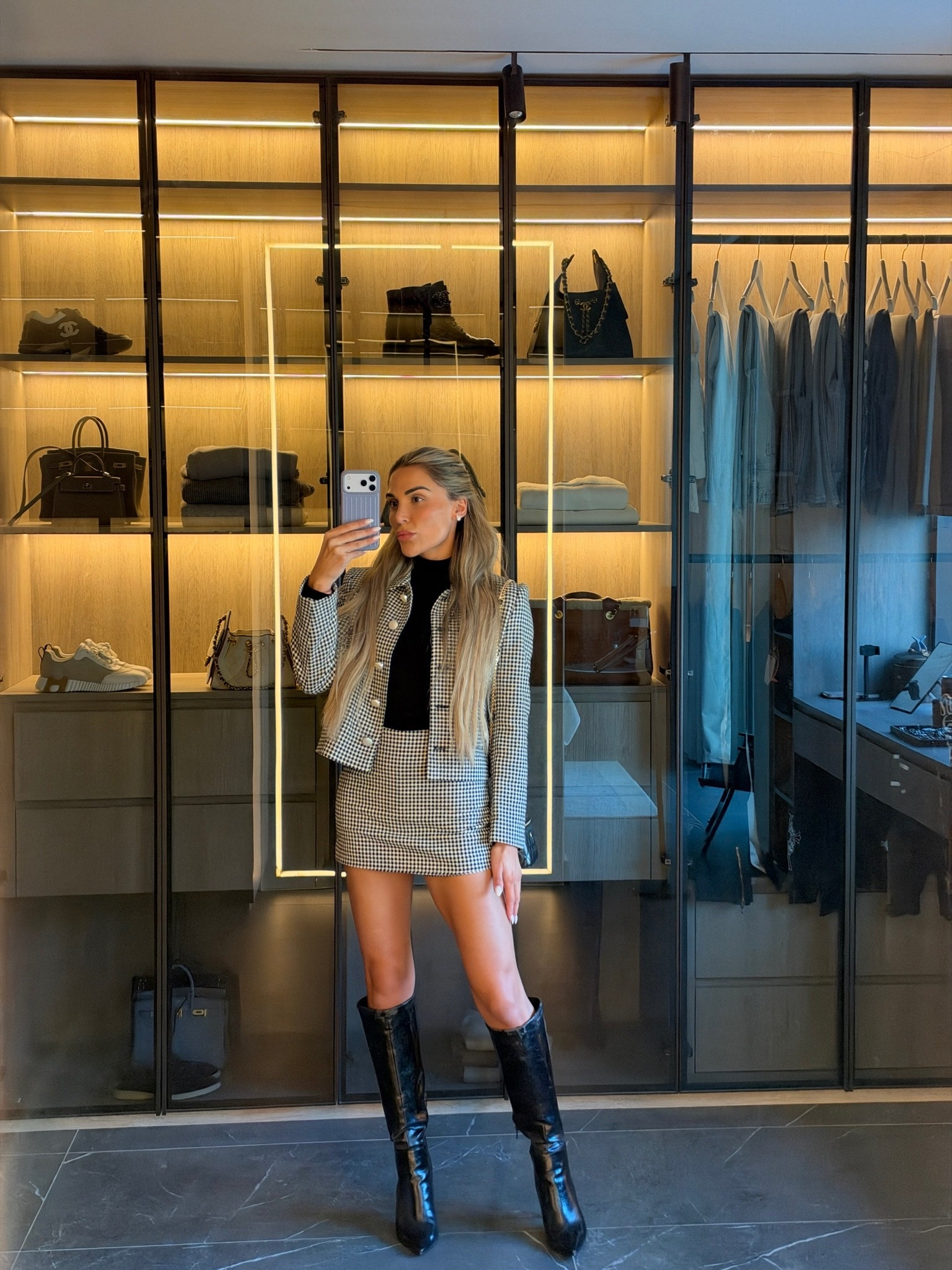 Tweed co-ord set and the perfect black knee high boots for your autumn winter wardrobe