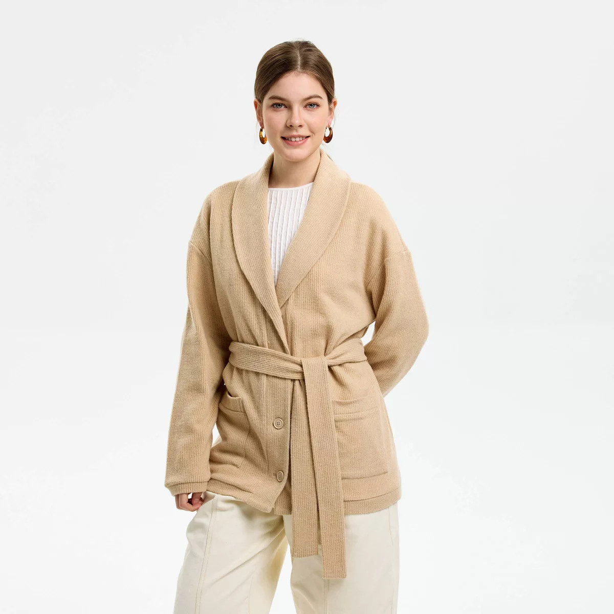 Women's Shawl Collar Belted Cardigan Sweater - Universal Thread™ Cream M | Target