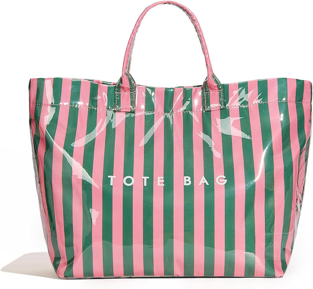 Lushandy Striped PVC Tote Bag for Women, Waterproof Plastic Tote Bag for Beach Pool Large Top Han... | Amazon (US)