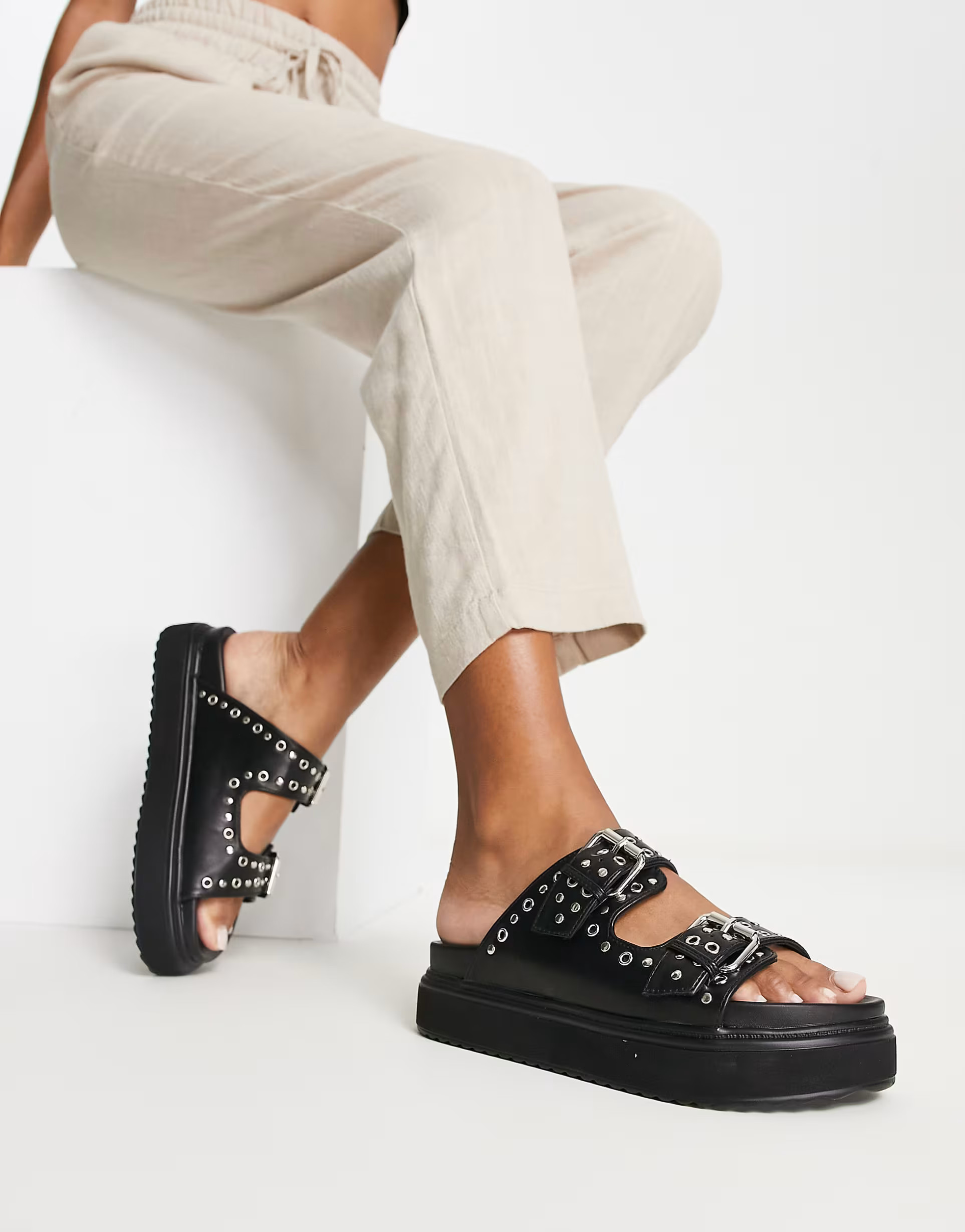 River Island studded double buckle sling back flat sandal in black | ASOS (Global)