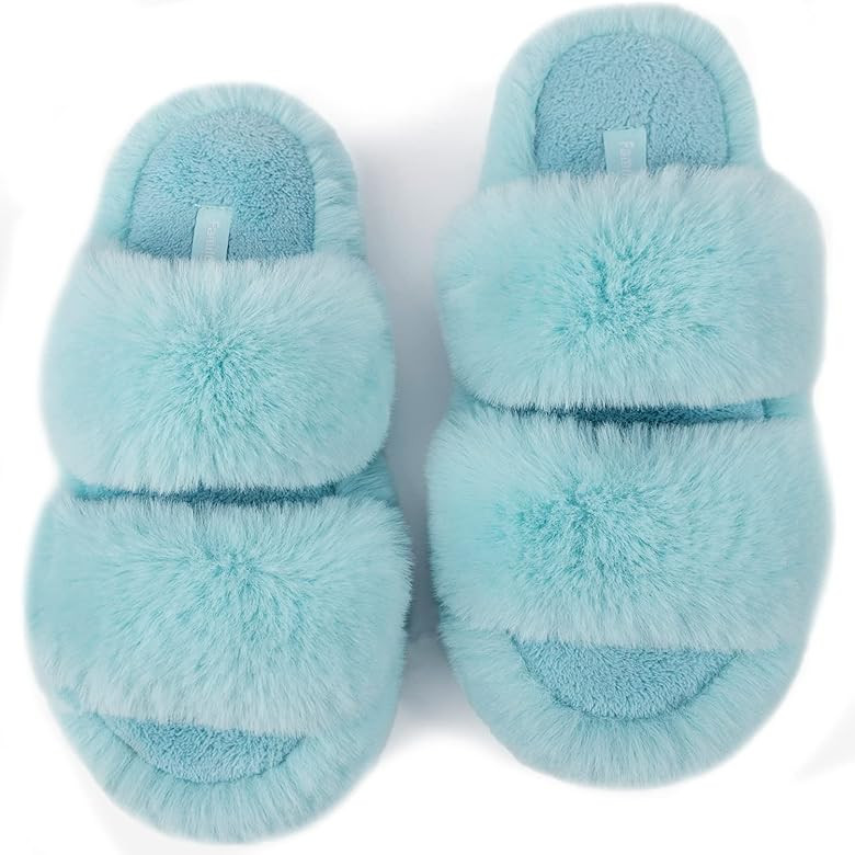 FamilyFairy Women's Fluffy Faux Fur Slippers Comfy Open Toe Two Band Slides with Fleece Lining and R | Amazon (US)