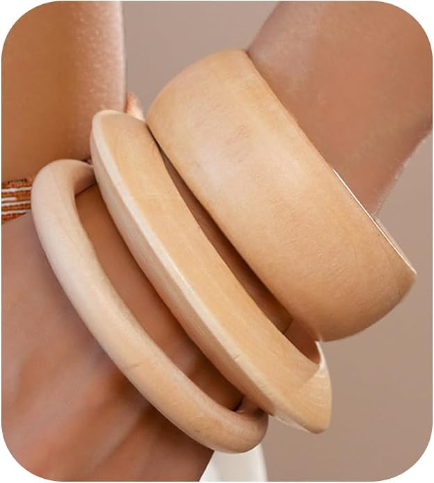 Handmade Chunk Wooden Bangle Bracelets for Women Retro Rivet Big Wide Cuff Stackable Bracelet Set... | Amazon (US)