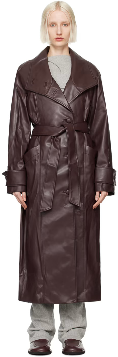 Burgundy High Neck Collar Faux-Leather Trench Coat | SSENSE